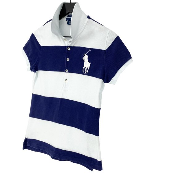 VTG RALPH LAUREN The Skinny Polo Big Pony Navy and White Stripe Shirt - Picture 4 of 15